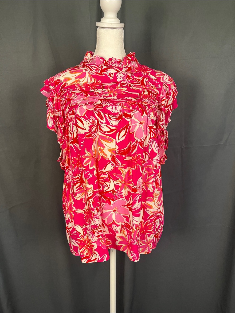 BiBi Hot Pink Floral Ruffle Neck Blouse